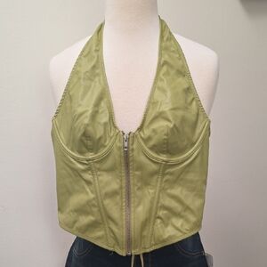 LG Olive Halter Zip-Up Crop Top